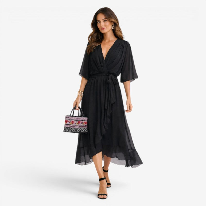 Women’s Midi Dress with V-Neck and Batwing Sleeve Design