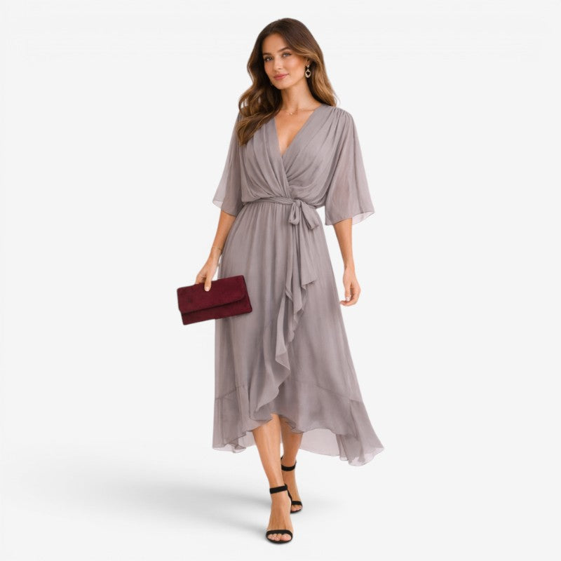 Women’s Midi Dress with V-Neck and Batwing Sleeve Design