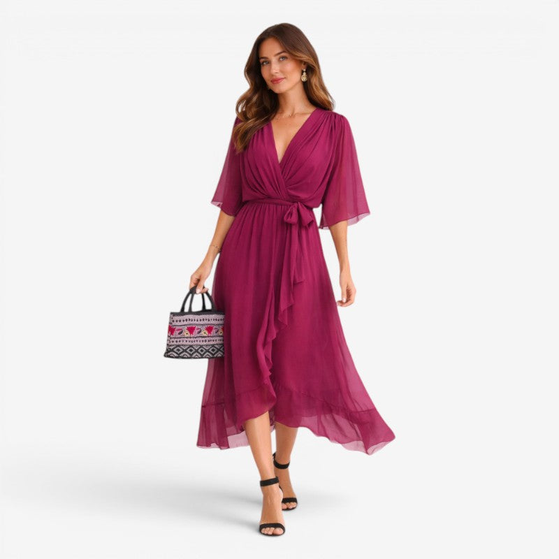 Women’s Midi Dress with V-Neck and Batwing Sleeve Design