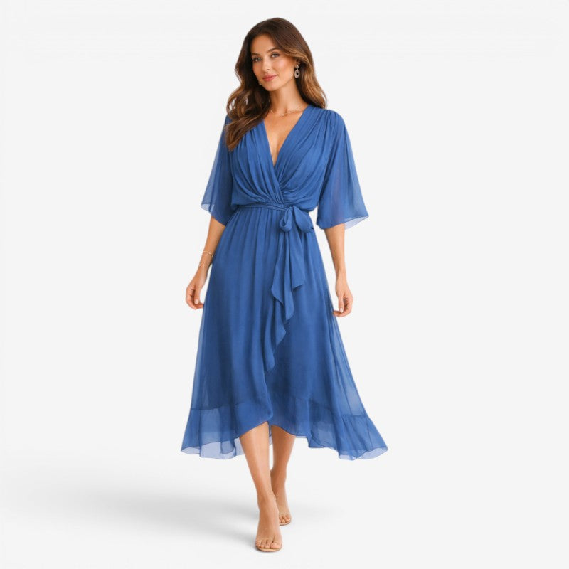 Women’s Midi Dress with V-Neck and Batwing Sleeve Design