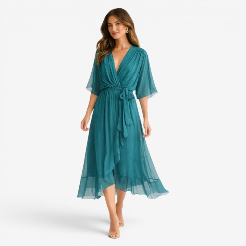 Women’s Midi Dress with V-Neck and Batwing Sleeve Design