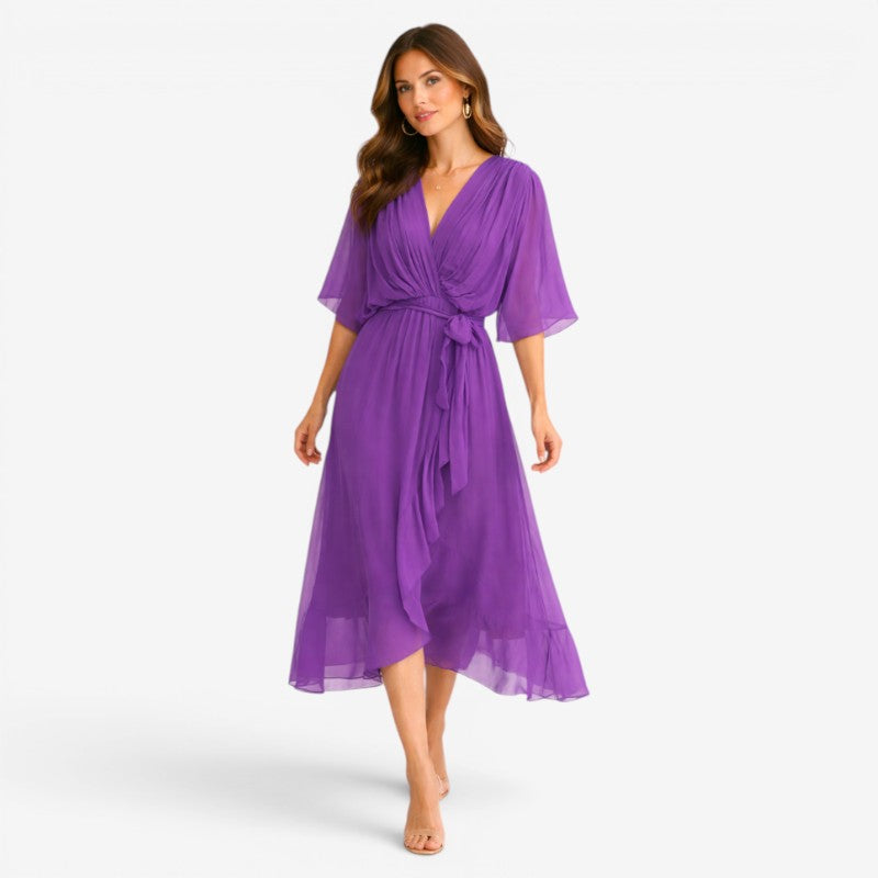 Women’s Midi Dress with V-Neck and Batwing Sleeve Design