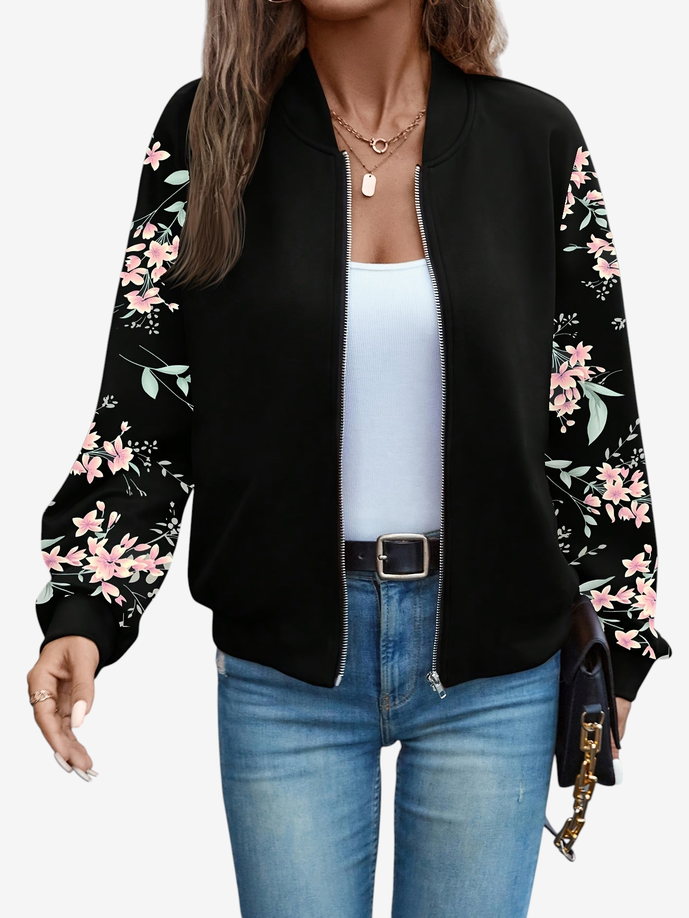Mila - Women's Transitional Bomber Jacket with Floral Sleeves