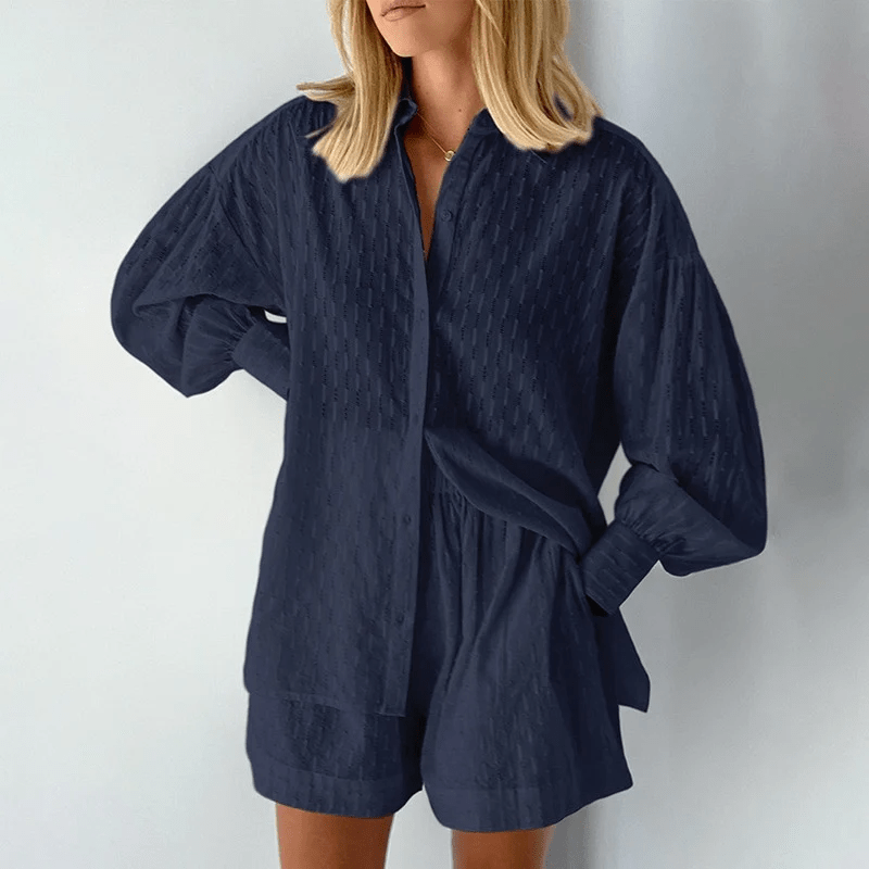 Isla - Elegante completo coordinato con camicia a bottoni e maniche a sbuffo