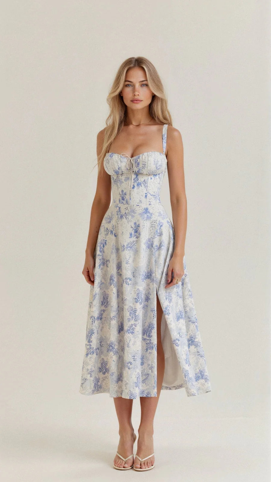 Daisy - Elegancka sukienka midi z rzeźbionym gorsetem i zwiewną spódnicą