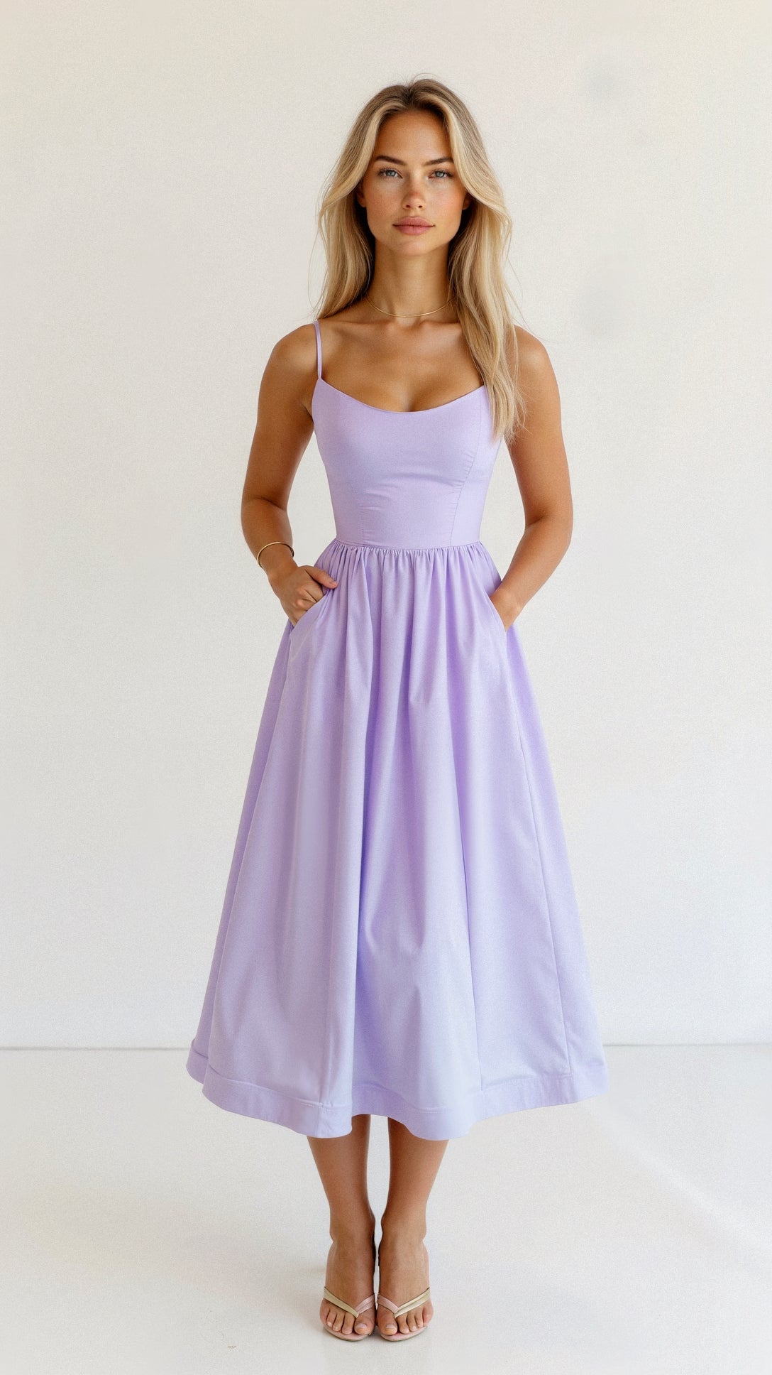 Sophia - Élégante robe midi à fines bretelles spaghetti