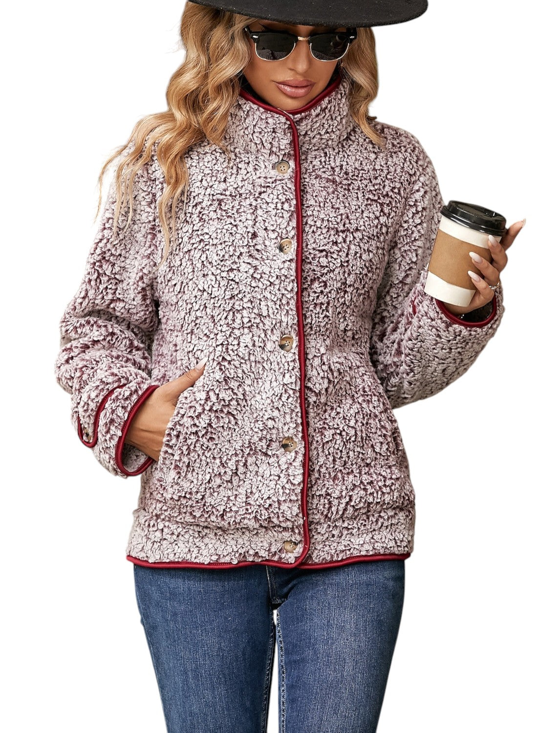 Yasmine - Stylish Textured Jacket with Front Button Closure and Contrasting Edges