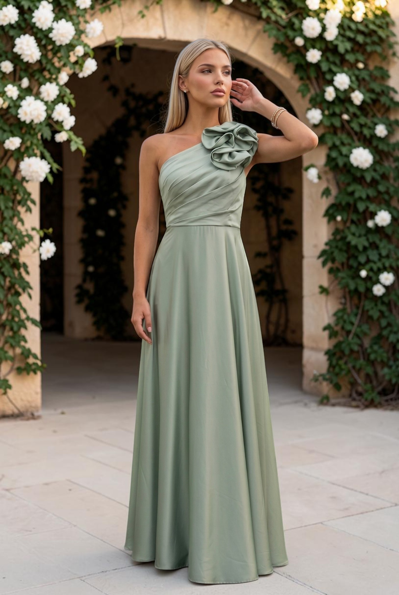 Robe longue élégante à une épaule avec accent floral