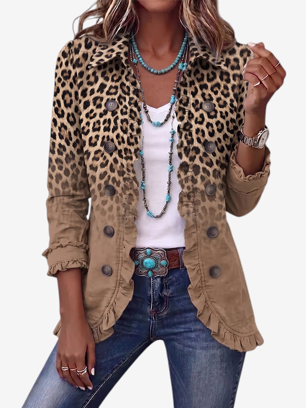 Feline – Casaco feminino com padrão leopardo e folhos