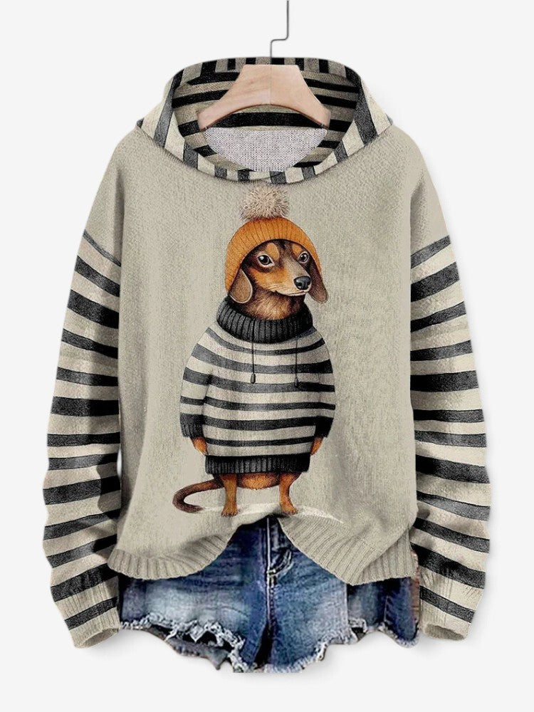 Pawfect - Sweat à capuche pour femme avec imprimé chien et manches rayées
