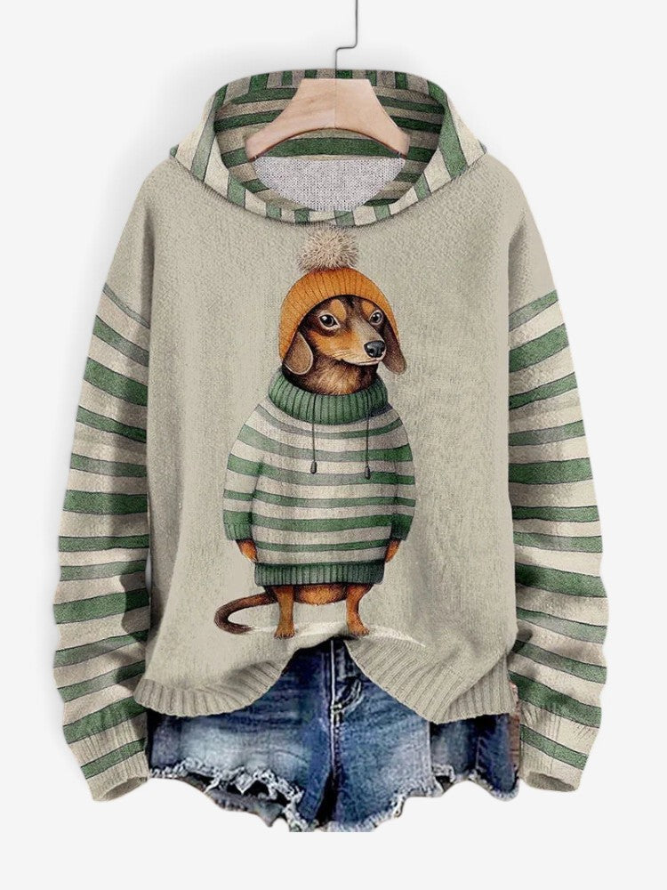 Pawfect - Sweat à capuche pour femme avec imprimé chien et manches rayées