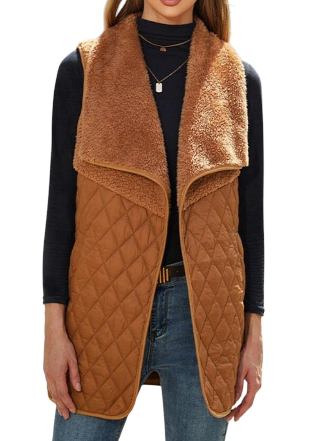 Vanessa - Stylish Quilted Vest with Wide Draped Collar and Open Front
