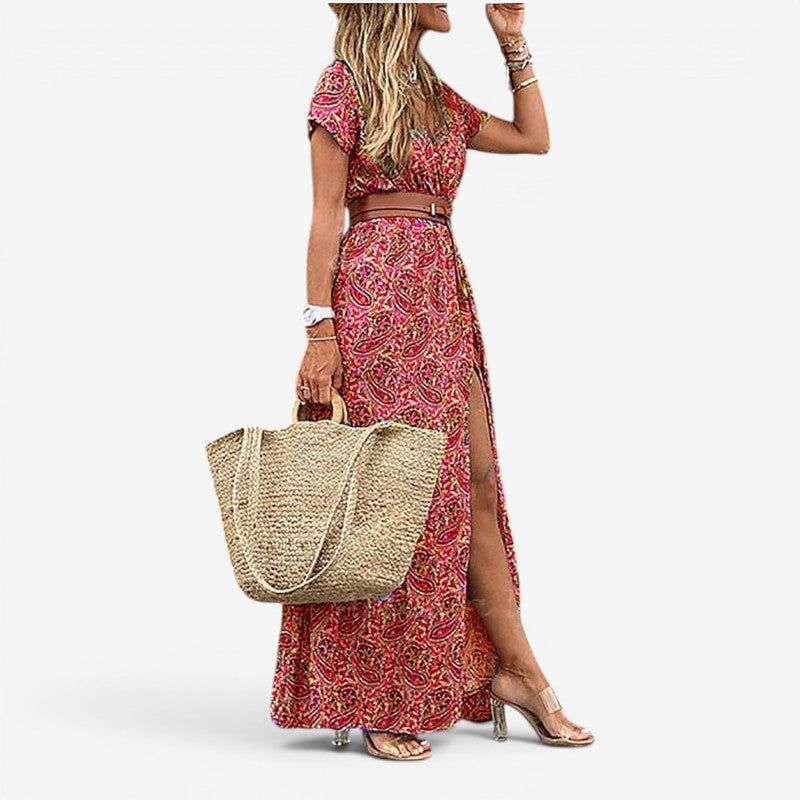 Abito lungo da donna con stampa floreale e scollo a V