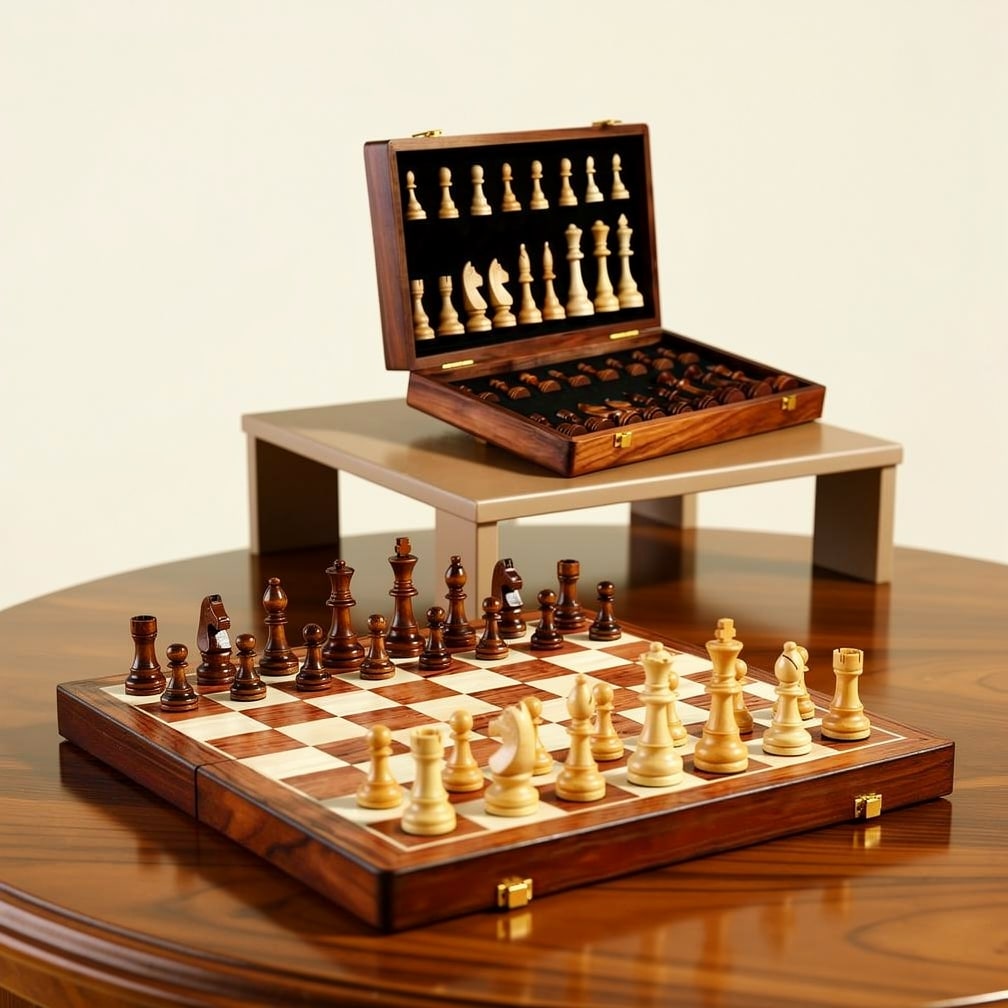 WoodenMate - juego de ajedrez de madera plegable con piezas talladas y compartimentos de almacenamiento