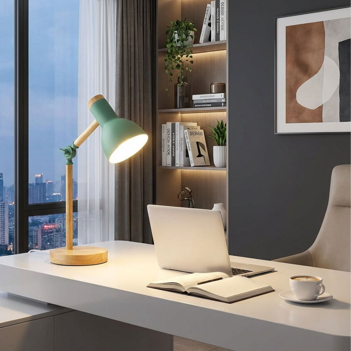 PivotLuma - Lámpara de escritorio de madera con cabezal ajustable