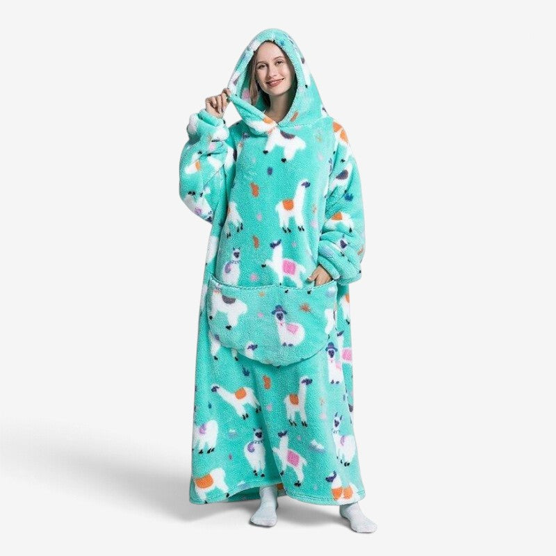 MaxiHood - Coperta felpata con cappuccio extra lunga con stampa di alpaca