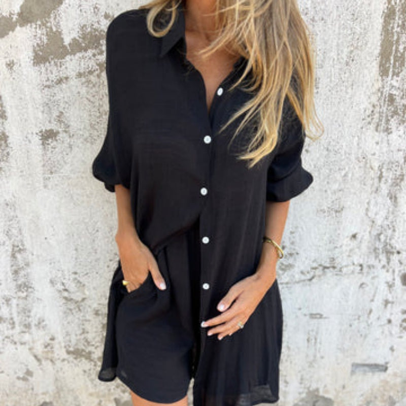 Daphne - Set elegant din două piese cu cămașă cu mâneci lungi și pantaloni scurți cu talie elastică