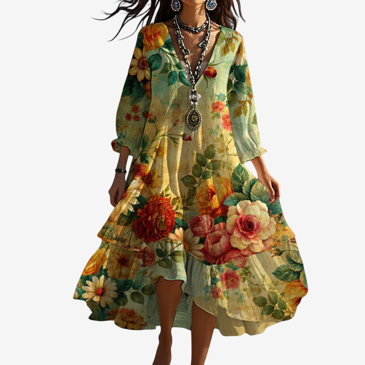 Floravia – Floral Midi Dress with V-Neck and Long Sleeves