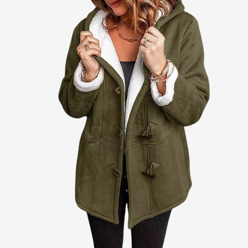 SuedeTherm - Cappotto con cappuccio da donna in finta pelle scamosciata e fodera in pile