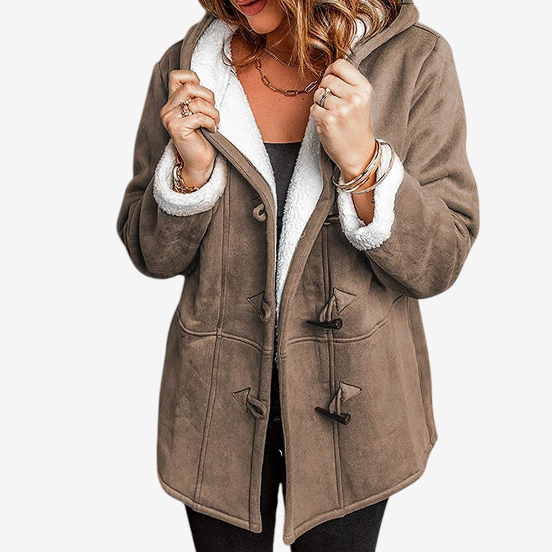 SuedeTherm - Cappotto con cappuccio da donna in finta pelle scamosciata e fodera in pile