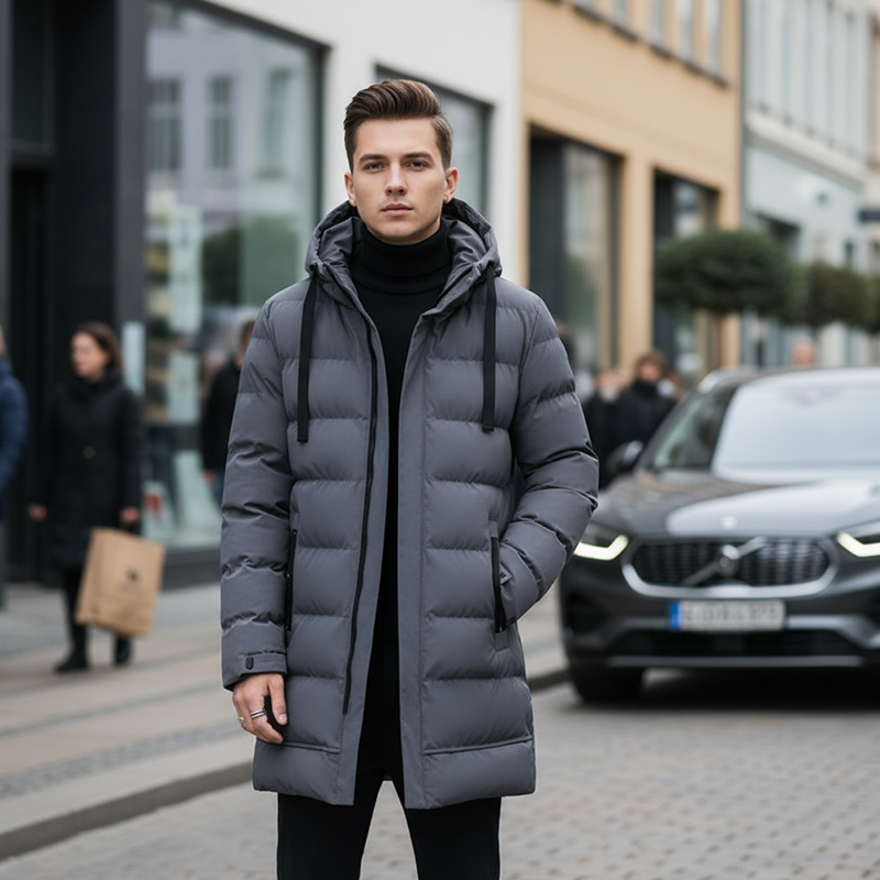 HoodFlex - Men's Mid-Length Hooded Puffer Coat With Zipper Pockets