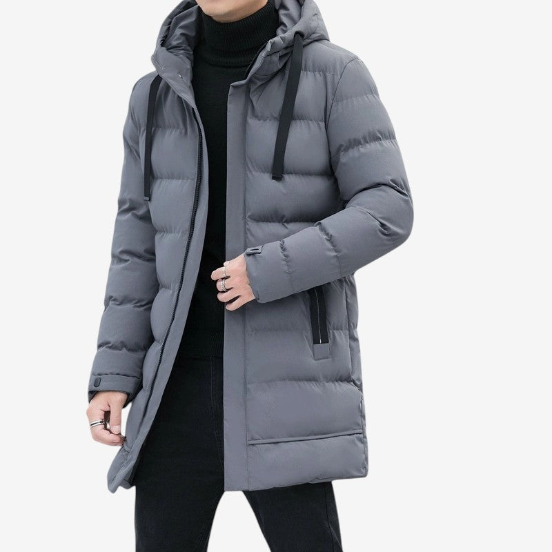 HoodFlex - Men's Mid-Length Hooded Puffer Coat With Zipper Pockets
