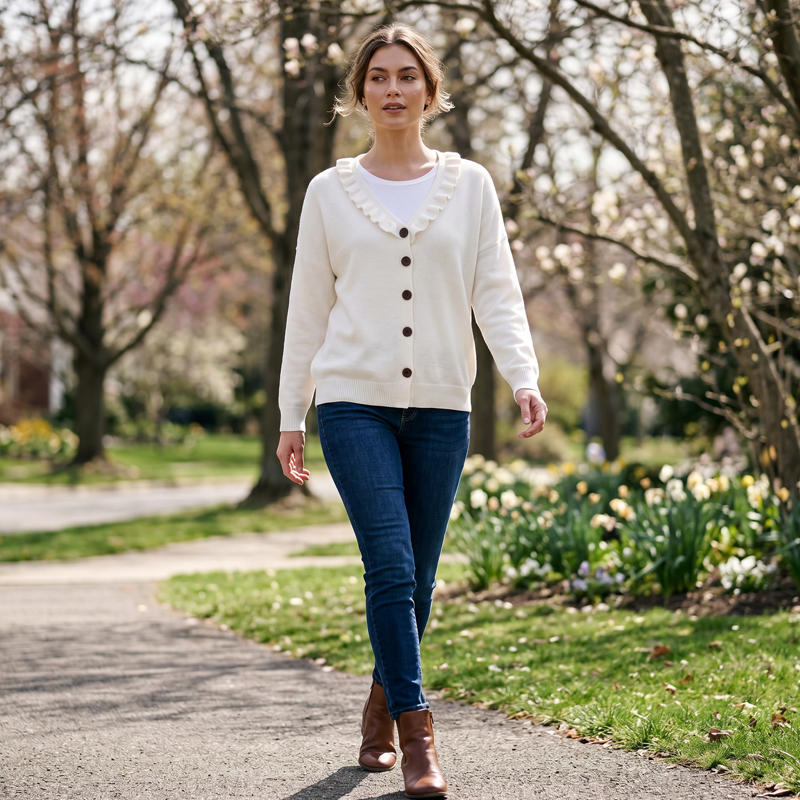 ScallopKnit – Knitted Cardigan with Ruffled Collar and Button-Front Closure
