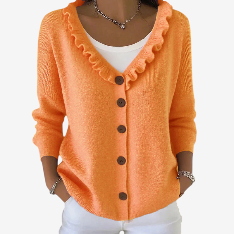 ScallopKnit – Knitted Cardigan with Ruffled Collar and Button-Front Closure