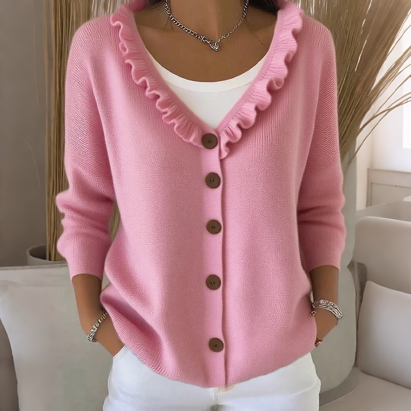 ScallopKnit – Knitted Cardigan with Ruffled Collar and Button-Front Closure