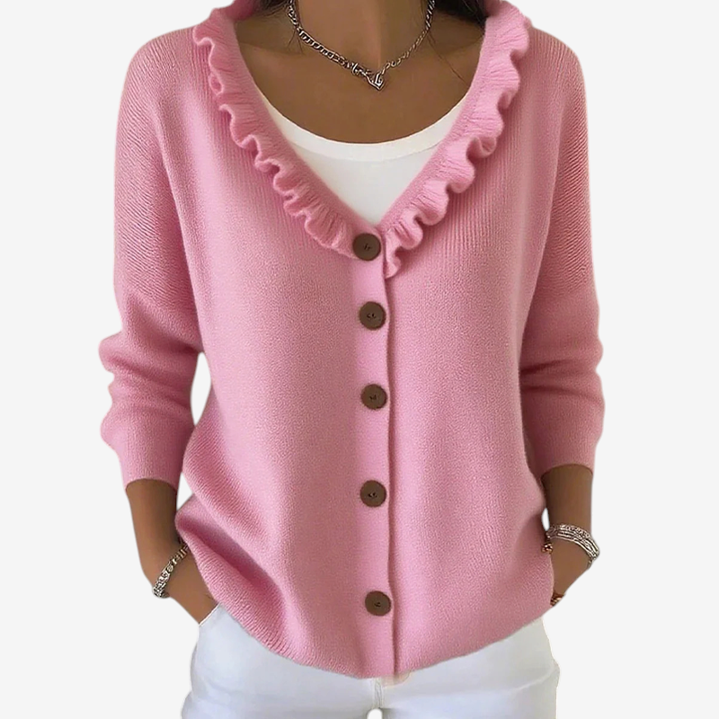 ScallopKnit – Knitted Cardigan with Ruffled Collar and Button-Front Closure