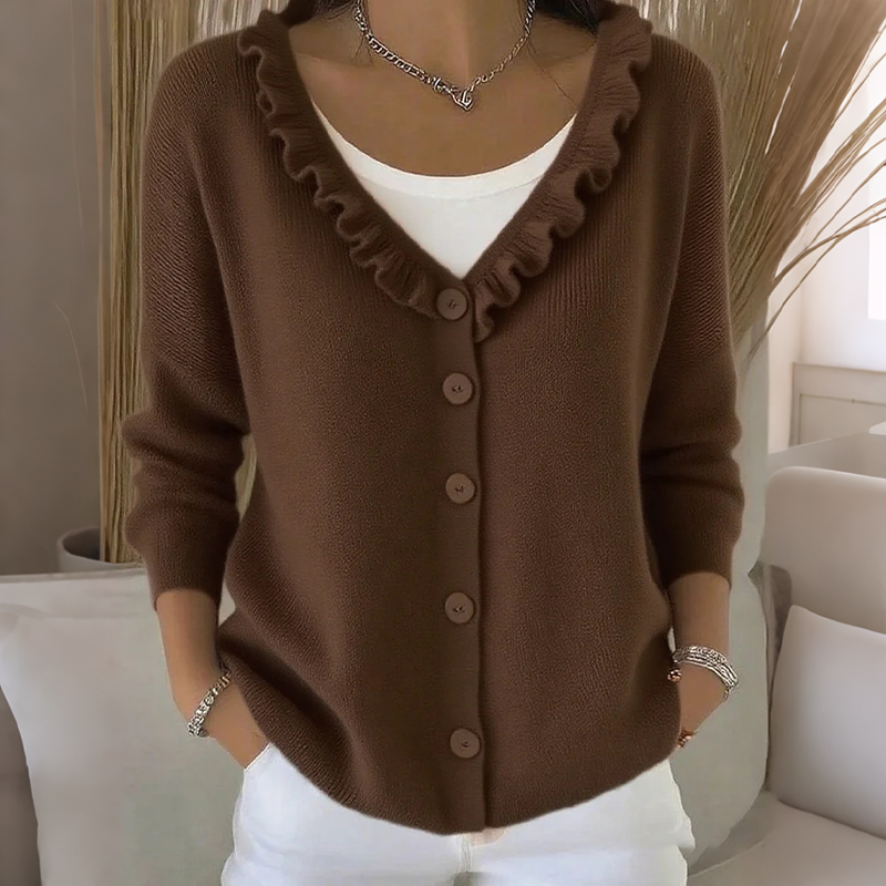 ScallopKnit – Knitted Cardigan with Ruffled Collar and Button-Front Closure
