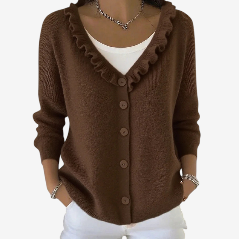 ScallopKnit – Knitted Cardigan with Ruffled Collar and Button-Front Closure