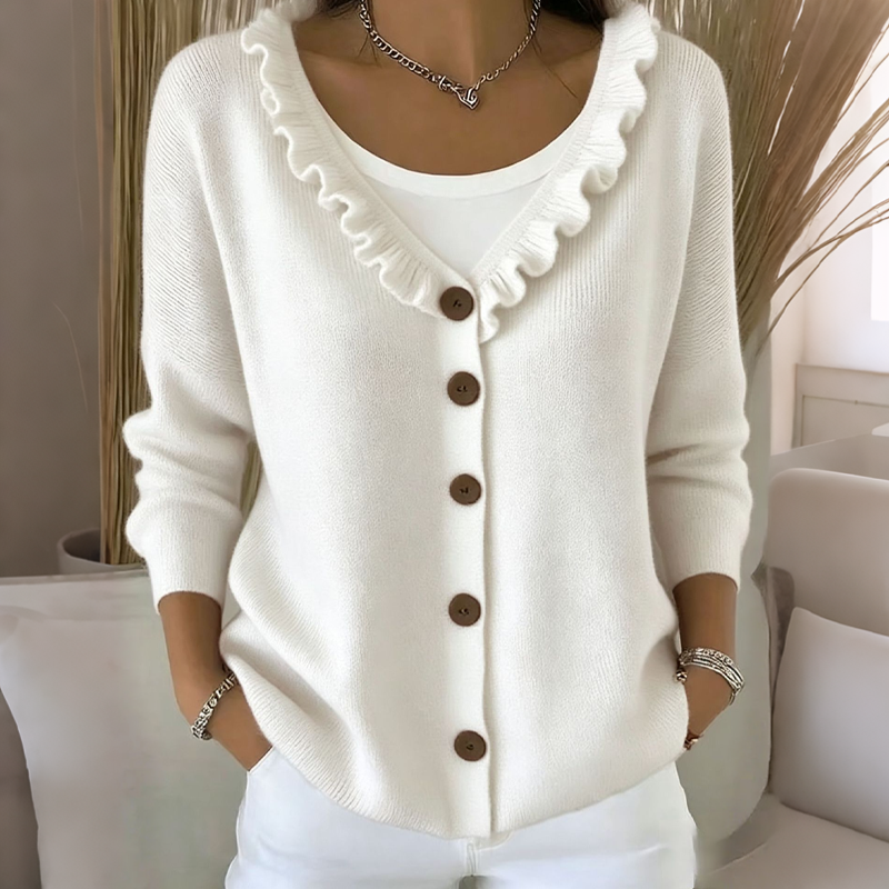 ScallopKnit – Knitted Cardigan with Ruffled Collar and Button-Front Closure