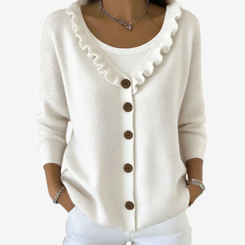 ScallopKnit – Knitted Cardigan with Ruffled Collar and Button-Front Closure