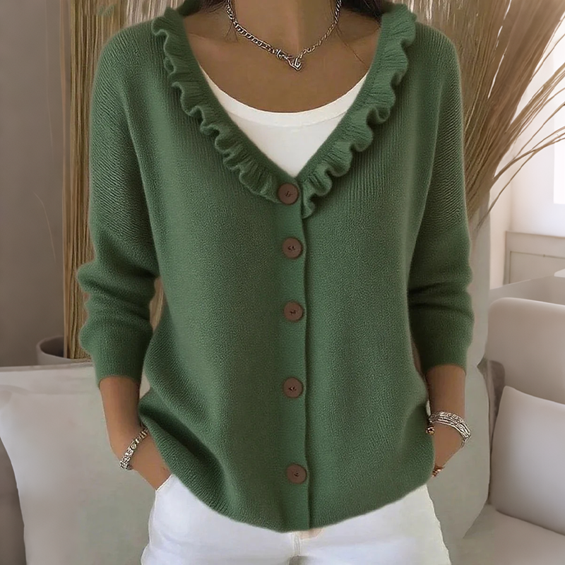 ScallopKnit – Knitted Cardigan with Ruffled Collar and Button-Front Closure