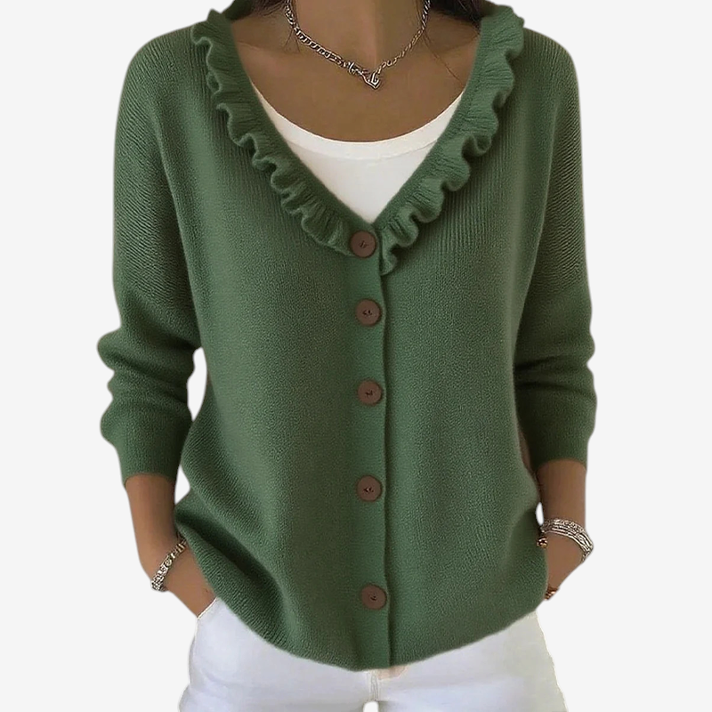 ScallopKnit – Knitted Cardigan with Ruffled Collar and Button-Front Closure