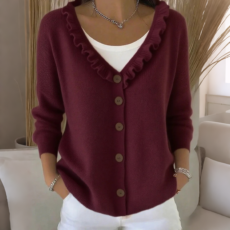 ScallopKnit – Knitted Cardigan with Ruffled Collar and Button-Front Closure