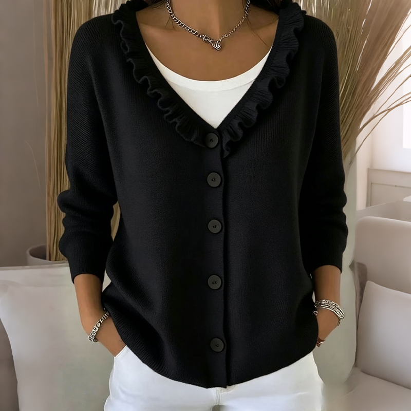ScallopKnit – Knitted Cardigan with Ruffled Collar and Button-Front Closure