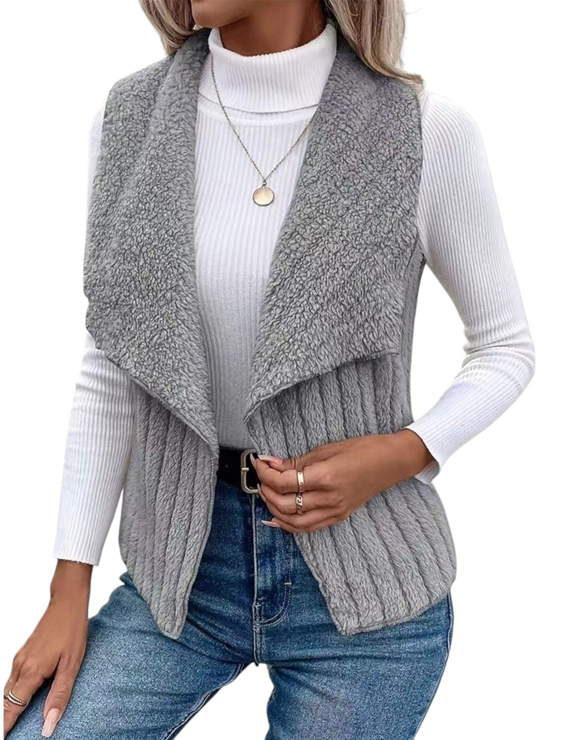 Mira – Stylish sleeveless teddy vest with draped collar and ribbed look