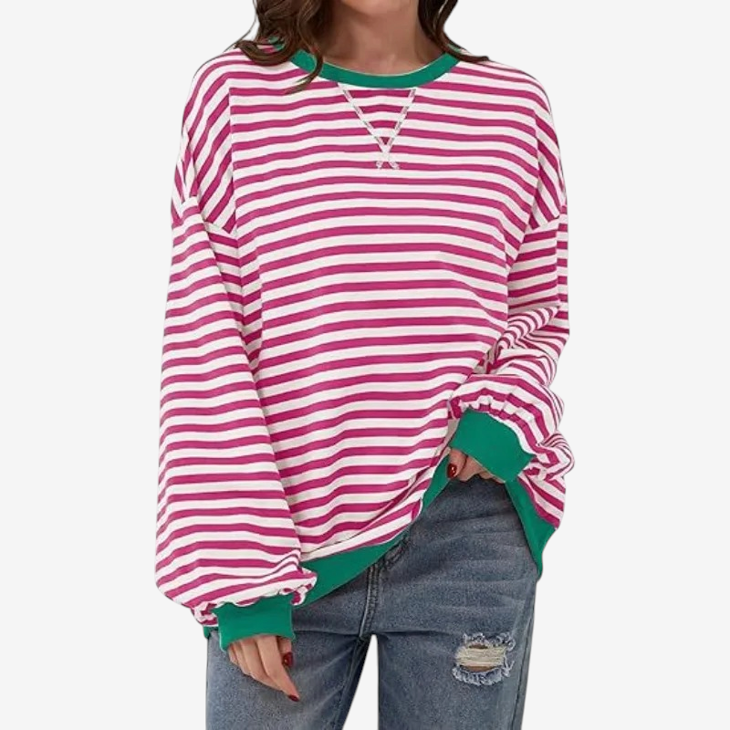 StripeCross – Oversized Striped Sweater with Round Neck and Cross-Stitch Detail