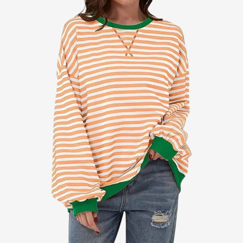 StripeCross – Oversized Striped Sweater with Round Neck and Cross-Stitch Detail