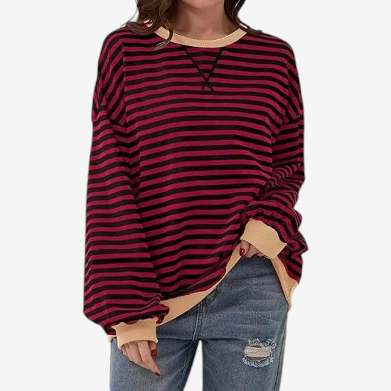 StripeCross – Oversized Striped Sweater with Round Neck and Cross-Stitch Detail