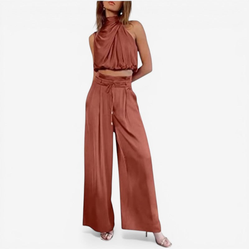 Set damă cu bluză cu guler înalt și pantaloni evazați