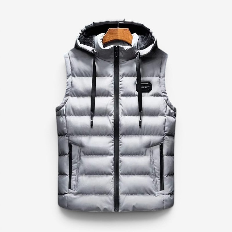Gilet imbottito senza maniche da uomo con cappuccio e zip frontale