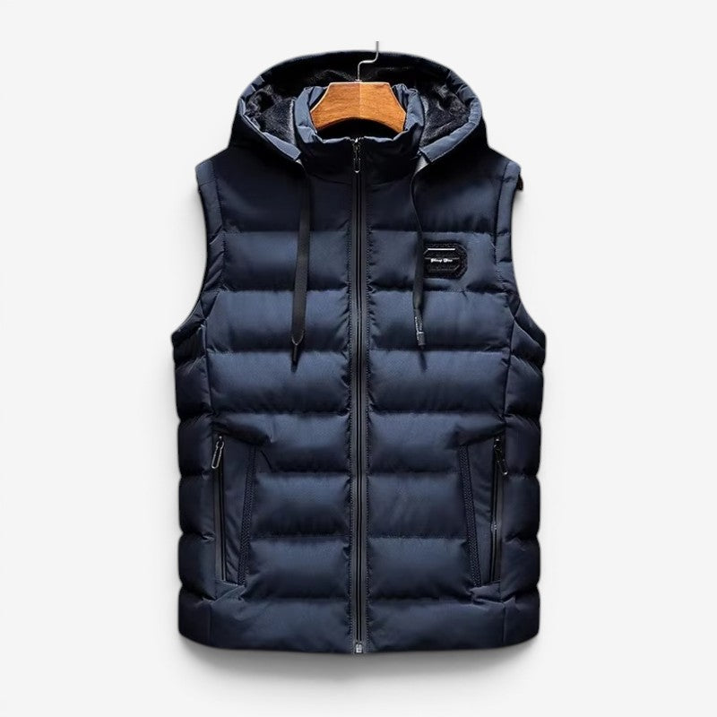 Gilet imbottito senza maniche da uomo con cappuccio e zip frontale
