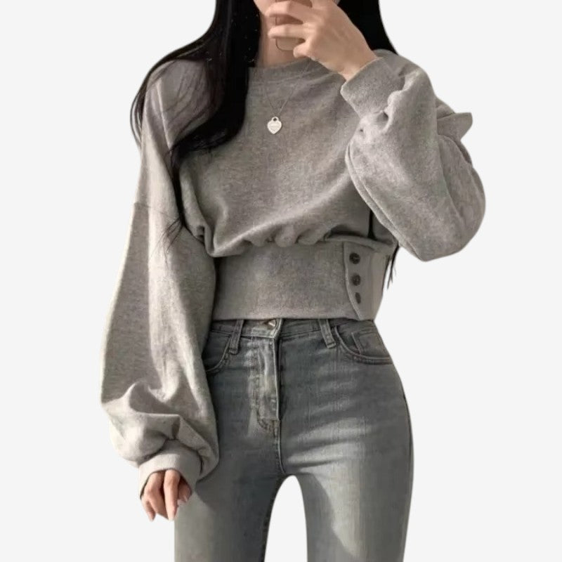 Lina – Sweater with Long Sleeves, Waist Buttons, and Ribbed Details