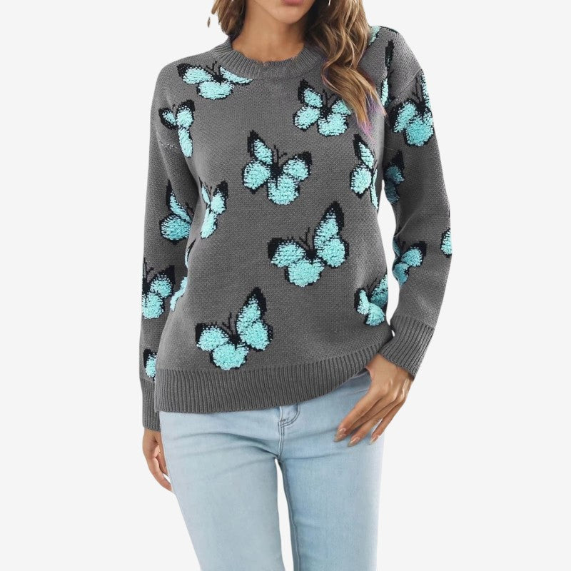 Mila – Maglione a maniche lunghe con scollo rotondo e ricamo a farfalla