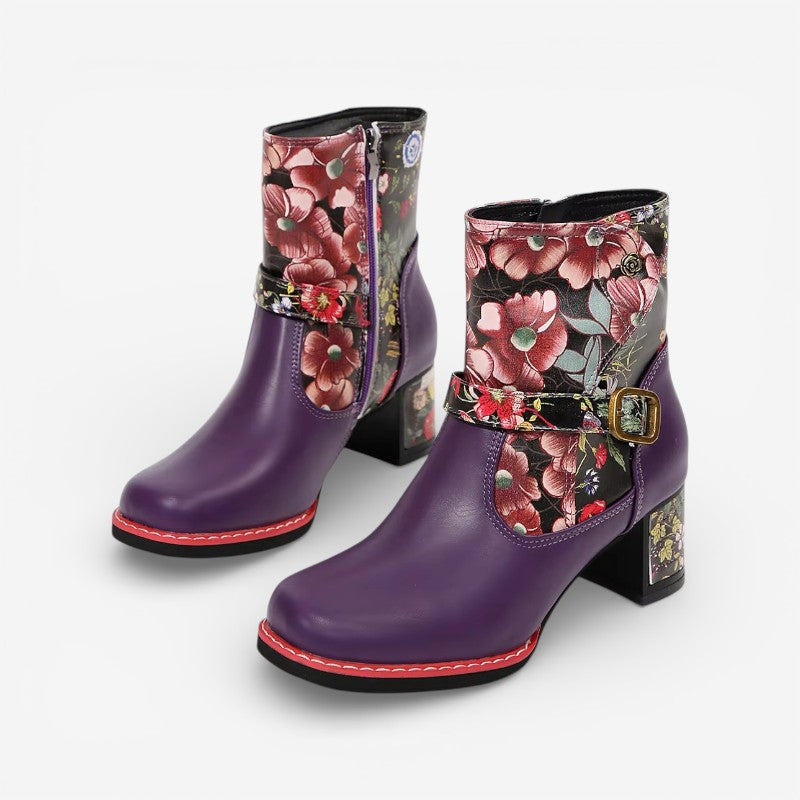 Salyra - Women's Salyra Ankle Boots | Round Toe, Floral Print, PU | Side Zip & Buckle Closure | 36–43
