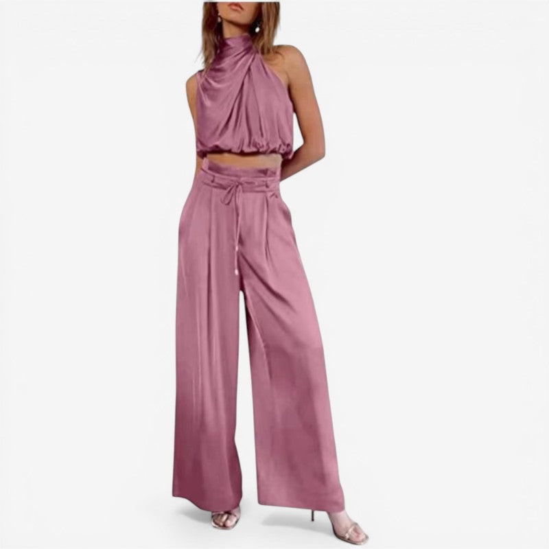 Set damă cu bluză cu guler înalt și pantaloni evazați