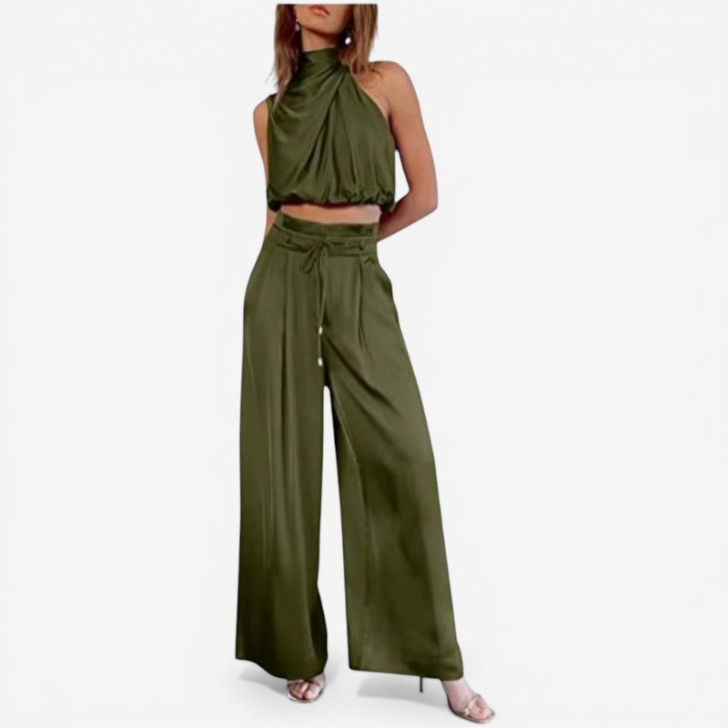 Set damă cu bluză cu guler înalt și pantaloni evazați